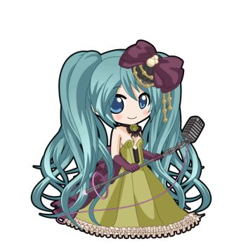 Rule 34 | 1girl, aqua hair, black bow, black outline, blue eyes, blush, bow, breasts, cable, chibi, chibi only, choker, cleavage, closed mouth, dress, elbow gloves, flower, frilled dress, frills, full body, game asset, gloves, gold, green dress, green flower, green rose, hair bow, hatsune miku, hatsune miku (siren), hatsune miku graphy collection, holding, holding microphone stand, kochira koufuku anshin iinkai desu (vocaloid), long dress, long hair, looking at viewer, medium breasts, microphone stand, outline, plunging neckline, purple bow, purple gloves, ribbon choker, rose, shure 55sh, smile, solo, standing, strapless, strapless dress, transparent background, twintails, very long hair, vocaloid