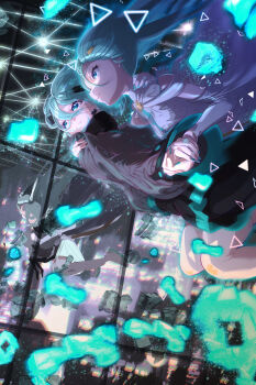 2girls absurdres aqua_eyes aqua_hair aqua_nails aqua_trim batsu_miku black_skirt commentary_request detached_sleeves dress dual_persona fingernails grey_jacket hair_between_eyes hair_ornament hatsune_miku highres hiramado_miku jacket kowareta_sekai_to_utaenai_miku long_hair long_sleeves miniskirt multiple_girls nail_polish pleated_skirt pochigoro_(adfx3783) project_sekai skirt sleeveless sleeveless_dress spoilers turtleneck turtleneck_jacket very_long_hair vocaloid white_dress wide_sleeves x_hair_ornament