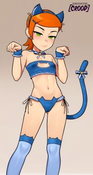 1girl animal_ears asymmetrical_bangs ben_10 blue_bow blue_bra blue_hairband blue_panties blue_thighhighs blue_wrist_cuffs blush bow bra breasts cameltoe cat_ears cat_lingerie cat_tail closed_mouth commentary covered_erect_nipples earrings english_commentary eyelashes fake_animal_ears feet_out_of_frame gluteal_fold gradient_background green_eyes grey_background gwen_tennyson hairband hands_up highres jewelry legs loli loodncrood looking_at_viewer medium_breasts navel orange_hair over-kneehighs panties paw_pose side-tie_panties small_breasts smile solo stomach tail tail_bow tail_ornament thighhighs thighs underwear wrist_cuffs