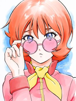 1girl absurdres adjusting_clothes adjusting_eyewear closed_mouth commentary dated fraw_bow gundam hand_on_eyewear hand_up highres jacket kobakin looking_at_viewer mobile_suit_gundam neckerchief pink-framed_eyewear pink-tinted_eyewear pink_jacket portrait raised_inner_eyebrows red_hair round_eyewear short_hair signature solo sunglasses tinted_eyewear yellow_neckerchief