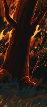 Rule 34 | absurdres, commentary, english commentary, fire, grass, highres, nature, nifty-senpai, no humans, outdoors, scenery, tree, warm colored, warrior cats, wildfire