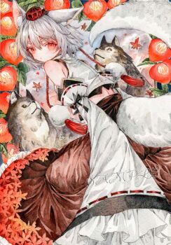 animal_ears bare_shoulders detached_sleeves hat highres inubashiri_momiji japanese_clothes long_sleeves midriff monji_(monzi328) puffy_sleeves red_eyes red_hat sitting tail touhou white_hair wolf wolf_girl wolf_tail yokozuwari
