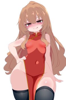 1girl aisaka_taiga black_thighhighs blush breasts brown_eyes brown_hair china_dress chinese_clothes dress hand_on_own_hip highres kukuchi581 loli long_hair looking_at_viewer no_panties red_dress side_slit sleeveless sleeveless_dress small_breasts smile standing thick_thighs thighhighs thighs tongue tongue_out toradora! white_background wide_hips
