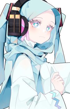 1girl absurdres aqua_hijab berrychan00 blue_dress blue_eyes closed_mouth dress hatsune_miku headphones highres hijab hijab_as_hair looking_at_viewer islam pink_ribbon ribbon simple_background solo vocaloid white_background worldwide_miku