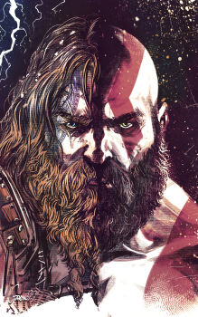 2boys absurdres andrea_guardino armor artist_name bald beard black_hair blue_eyes braid braided_beard commentary english_commentary facial_hair facial_mark facial_tattoo god_of_war god_of_war_ragnarok green_eyes grey_hair highres kratos_(god_of_war) light_brown_hair long_beard long_hair multiple_boys norse shoulder_armor tattoo thor_(god_of_war)