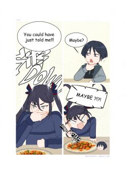 ... 1boy 1girl absurdres alternate_costume alternate_universe aqua_eyes arm_rest arrow_(symbol) artist_name asymmetrical_bangs black_hair black_ribbon black_shirt black_sleeves blank_eyes blunt_bangs blunt_ends casual clenched_hand collar collared_shirt contemporary covering_own_mouth disembodied_head elbow_rest english_text fingernails food food_request fork genshin_impact genshinribu green_collar grey_jacket grey_sleeves hair_between_eyes hair_ribbon hand_on_own_chin hand_over_own_mouth hand_up highres holding holding_fork jacket lapels left-to-right_manga long_hair long_sleeves looking_to_the_side mona_(genshin_impact) motion_lines open_clothes open_jacket parted_bangs plate purple_eyes red_ribbon ribbon scaramouche_(genshin_impact) shirt sidelocks sitting sound_effects speech_bubble tsurime twintails undershirt