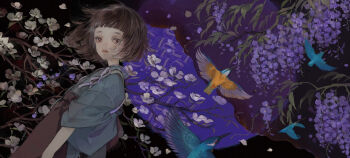 1girl bird blue_bird blue_kimono blunt_bangs blush branch brown_eyes brown_hair brown_skirt cherry_blossoms commentary_request dark_background falling_petals floating_hair flower flying from_side gradient_background japanese_clothes kimono kingfisher leaf looking_at_viewer nekosuke_(oxo) night original pale_skin parted_lips petals ribbon sad short_hair skirt solo standing tree wide_sleeves wings wisteria