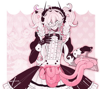 1girl absurdres black_gloves blood bow braid braided_twintails commentary commission dreamalgia dress english_commentary frilled_dress frills gloves gradient_hair grin guro hair_ornament hairband heart heart_hair_ornament highres injury intestines juliet_sleeves lolita_fashion lolita_hairband long_sleeves multicolored_hair original pink_hair pink_theme puffy_sleeves smile solo sparkle sweat white_hair wide-eyed zoom_layer