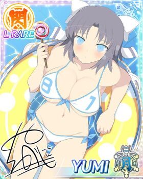 1girl afloat bikini blue_eyes blue_trim blush border bow breasts candy card_(medium) character_name cleavage cleavage_cutout closed_mouth clothing_cutout food from_above game_cg gluteal_fold grey_hair groin hair_bow holding holding_candy holding_food holding_lollipop large_breasts leaning_back light_frown lollipop looking_at_viewer looking_up medium_hair navel official_art senran_kagura senran_kagura_new_wave signature solo striped_bow swim_ring swimsuit swirl_lollipop third-party_source water white_bikini white_bow yaegashi_nan yumi_(senran_kagura)