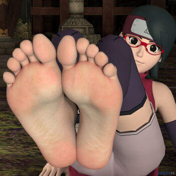 1girl 3d absurdres artist_request bare_shoulders barefoot black_hair feet foot_focus forehead_protector glasses happy headband highres leaning_forward leg_lift naruto_(series) short_hair shorts sitting smile soles spread_legs toes uchiha_sarada
