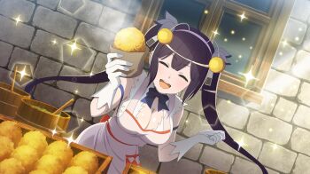 Rule 34 | 1girl, :d, anime coloring, antennae, apron, black hair, blue bow, blue bowtie, blue ribbon, bow, bowtie, breasts, brick wall, cleavage, cleavage cutout, closed mouth, clothing cutout, danmachi battle chronicle, dress, dungeon ni deai wo motomeru no wa machigatteiru darou ka, facing viewer, fake antennae, food, game cg, gloves, hair ribbon, hairband, hand up, hestia (danmachi), highres, holding, holding food, large breasts, long hair, non-web source, official art, open mouth, pink apron, pink hairband, pom pom (clothes), rei no himo, ribbon, smile, solo, sparkle, sparkling aura, twintails, white dress, white gloves, white ribbon, window