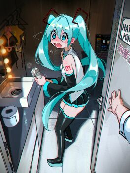 1boy 1girl @_@ absurdres aqua_eyes aqua_hair arm_tattoo black_skirt black_sleeves blush boots caught character_name commentary computer detached_sleeves english_commentary grey_shirt hatsune_miku highres holding holding_microphone implied_masturbation laptop long_hair microphone miniskirt nose_blush number_tattoo open_mouth patreon_username pleated_skirt pornhub rabbit_hole_(vocaloid) shirt skirt snegovski suggestive_fluid tattoo thigh_boots thighhighs toilet_paper twintails vocaloid