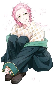 1boy blush brown_shoes collared_shirt commentary_request ear_piercing earrings eyebrow_piercing face_piercing full_body green_eyes green_pants hair_slicked_back hapa_rupa highres jewelry kiryuu_mitsuki knees_up korean_commentary labret_piercing looking_at_viewer male_focus pants piercing pink_hair shirt shoes short_hair simple_background sitting smile solo white_background wind_breaker_(nii_satoru)