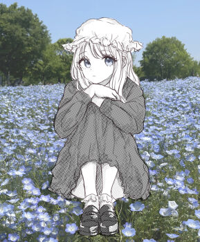 1girl blonde_hair blue_eyes closed_mouth dress field flower flower_field flower_request hat highres kashiwada_kiiho long_dress long_sleeves looking_at_viewer maribel_hearn medium_hair mob_cap outdoors partially_colored shoes sitting socks solo touhou tree