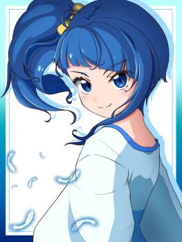 1girl ahoge asymmetrical_bangs bad_tag bechamel blue_border blue_eyes blue_hair blue_shirt blush border bow closed_mouth commentary cut_bangs diagonal_bangs dot_nose drop_shadow feathers from_behind hair_bow hair_ornament highres hirogaru_sky!_precure long_hair looking_at_viewer looking_back outside_border ponytail precure puffy_sleeves shirt side_ponytail single_sidelock smile solo sora_harewataru split_mouth two-tone_shirt upper_body white_background white_shirt yellow_bow