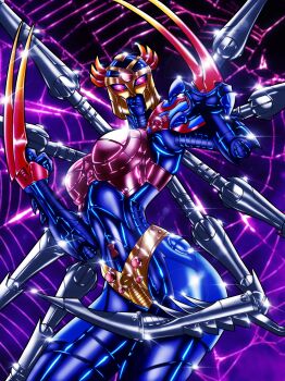 1girl absurdres arthropod_limbs beast_wars blackarachnia breasts claws colored_skin curvy glowing glowing_eyes helmet highres humanoid_robot large_breasts panties predacon purple_skin red_eyes robot robot_girl scarlethex shiny_skin silk spider_web transformers underwear yellow_panties