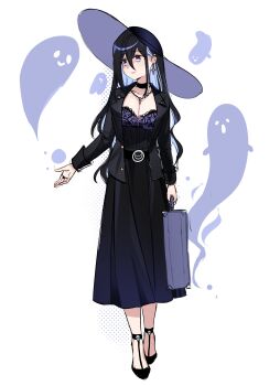 1girl absurdres bag black_choker black_dress black_hair black_jacket black_shoes blue_bag blue_eyes breasts choker cleavage closed_mouth colored_inner_hair commentary cross cross_earrings cross_necklace double-parted_bangs dress earrings english_commentary full_body ghost hair_between_eyes highres holding holding_bag jacket jewelry large_breasts long_dress long_hair long_sleeves looking_to_the_side multicolored_hair necklace open_clothes open_jacket original ryuuxin sadie_(ryuuxin) shoes smile solo white_background