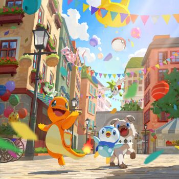 animal_focus artist_request balloon blue_eyes blue_sky bright_pupils building character_balloon charmander cloud confetti day fangs fire flame-tipped_tail floating gen_1_pokemon gen_4_pokemon gen_7_pokemon green_eyes lamppost legendary_pokemon mew_(pokemon) mythical_pokemon nintendo no_humans nostrils official_art open_mouth outdoors pikachu piplup poke_ball poke_ball_(basic) poke_ball_theme pokemon pokemon_(creature) pokemon_focus pokemon_tcg pokemon_tcg_pocket red_eyes rockruff shaymin shaymin_(sky) sky smile sprigatito star_(symbol) tail third-party_source tree white_pupils window