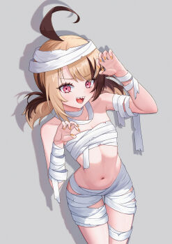 1girl absurdres ahoge bandages blonde_hair breasts brown_hair claw_pose cleavage commentary english_commentary gigi_murin grey_background highres hololive hololive_english huge_ahoge long_hair looking_at_viewer multicolored_hair mummy_costume naked_bandage navel open_mouth pink_eyes shadow sharp_teeth short_hair simple_background small_breasts solo specwamen standing teeth twintails two-tone_hair virtual_youtuber yellow_nails
