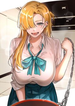 Rule 34 | 1girl, blonde hair, blue eyes, blue skirt, breasts, commentary, degrees of lewdity, hair over one eye, large breasts, leash, long hair, looking at viewer, open mouth, pleated skirt, pov, school uniform, shirt, skirt, solo, symbol-only commentary, utu310, viewer on leash, white shirt, whitney (degrees of lewdity), whitney (female) (degrees of lewdity)