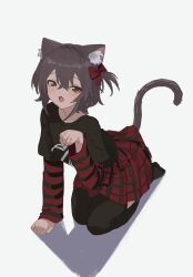 Rule 34 | 1girl, absurdres, animal ears, arm support, black shirt, black thighhighs, bow, brown eyes, brown hair, cat ears, cat girl, cat tail, hair bow, hair intakes, hand up, high-waist skirt, highres, kgt (pixiv12957613), layered shirt, leaning forward, long sleeves, looking at viewer, miniskirt, no shoes, one side up, original, paw pose, plaid, plaid skirt, pleated skirt, print shirt, red bow, red shirt, red skirt, seiza, shadow, shirt, shirt tucked in, short hair, sidelocks, simple background, sitting, skirt, solo, striped clothes, striped shirt, tail, thighhighs, two-tone shirt, white background