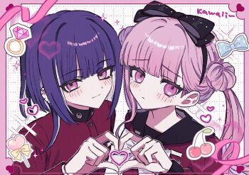 1boy 1girl black_bow black_hairband black_sailor_collar blunt_bangs blush bow bow_hairband brother_and_sister commentary_request frown gakuran hairband heart heart_hands heart_hands_duo heijitsu_(kimoota04160316) long_hair looking_at_viewer medium_hair pink_eyes pink_hair purple_hair sailor_collar school_uniform siblings smile the_hundred_line_-last_defense_academy- tsukumo_ima tsukumo_kako twins twintails
