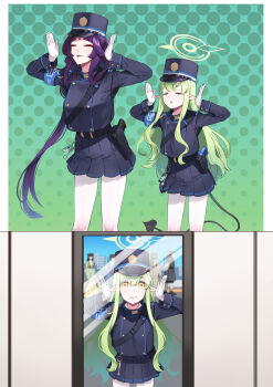 2girls absurdres armband black_tail blue_archive blue_armband breasts buttons commentary_request cosplay demon_tail double-breasted eyeshadow gloves green_hair green_halo halo hat hie_(hiememiko) hiememiko highres hikari_(blue_archive) hikari_(blue_archive)_(cosplay) large_breasts lipstick long_hair long_sleeves makeup multiple_girls open_mouth original pantyhose peaked_cap pointy_ears purple_hair purple_lips smile tail train_conductor very_long_hair white_gloves white_pantyhose yellow_eyes