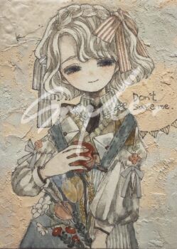 Rule 34 | 1girl, acrylic paint (medium), apple, apron, arrow (projectile), blonde hair, blouse, blue eyes, bow, bowtie, braid, closed mouth, curly hair, dress, english text, floral print, flower, food, fruit, hair bow, hair ornament, hair ribbon, highres, holding, holding flower, holding food, holding fruit, karintoun, long sleeves, looking at viewer, medium hair, original, painting (medium), parted bangs, ribbon, sample watermark, shirt, short hair, signature, simple background, sitting, smile, traditional media, upper body, watercolor (medium), watermark