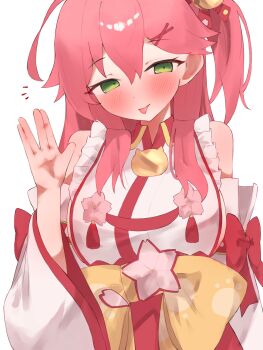 1girl absurdres ahoge bell closed_mouth commentary detached_sleeves green_eyes hair_bell hair_ornament hakama highres hololive japanese_clothes jingle_bell kimono long_hair looking_at_viewer one_side_up pink_hair red_hakama sakura_miko sakura_miko_(1st_costume) smile symbol-only_commentary tepenchi tongue tongue_out virtual_youtuber white_background white_kimono white_sleeves x_hair_ornament
