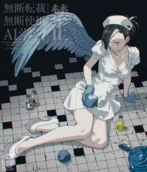 1girl apple artist_name black_hair blue_gloves breasts commentary_request ear_piercing feathered_wings food from_below fruit gloves hat high_heels highres holding holding_food holding_fruit iwado_anna kamezaemon multicolored_hair nurse nurse_cap open_mouth original piercing short_hair single_wing solo streaked_hair wings