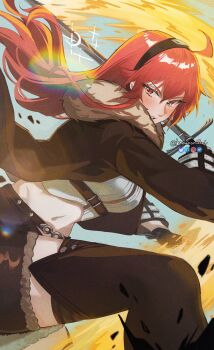 1girl absurdres ahoge black_hairband boots breasts commentary_request cropped_shirt eris_greyrat fighting_stance floating_hair fur-trimmed_jacket fur_trim hair_between_eyes hairband highres holding holding_sword holding_weapon jacket knowname long_hair long_sleeves looking_at_viewer medium_breasts midriff mushoku_tensei navel parted_lips partial_commentary red_eyes red_hair shirt shorts simple_background solo sword thigh_boots twitter_username weapon white_shirt