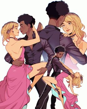 1boy 1girl afro black_hair black_vest blonde_hair dancer dancing dark-skinned_male dark_skin dress gwen_stacy highres holding_hands looking_at_another marvel miles_morales pink_dress short_hair spider-man_(series) spider-verse tikklil vest