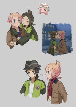 2boys 2girls arrow_(symbol) black_hair blonde_hair blue_eyes blue_shirt brown_jacket closed_mouth commentary_request green_jacket harmony_(pokemon) hat hetero highres jacket kiss looking_at_another multiple_boys multiple_girls multiple_views murian0606 nintendo open_clothes open_jacket open_mouth paxton_(pokemon) pokemon pokemon_legends:_z-a print_shirt red_shirt ribbed_shirt shirt taunie_(pokemon) urbain_(pokemon) white_shirt