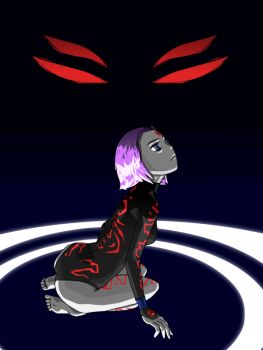 1girl barefoot bindi body_writing bodysuit cartoon_network colored_skin dc_comics feet female_focus full_body fuyugata grey_skin looking_up purple_eyes purple_hair raven_(dc) runes short_hair sitting solo tattoo teen_titans