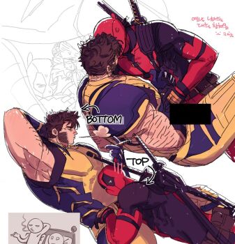 2boys armpits bara beard bodysuit brown_hair censored cigar deadpool deadpool_&amp;_wolverine deadpool_(series) facial_hair gloves holding holding_cigar i_love_when_people_draw_ships_like_this_actually_(meme) katana kiss large_pectorals lying lying_on_person male_focus marvel meme multicolored_bodysuit multiple_boys muscular muscular_male muscular_uke on_back pectorals ppoooooolvrmm red_bodysuit red_mask reference_inset short_hair simple_background smoking superhero_costume sword sword_on_back two-tone_bodysuit weapon weapon_on_back wolverine_(x-men) x-men yaoi yellow_bodysuit