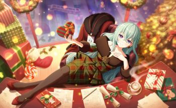 1girl blush box breasts christmas christmas_ornaments christmas_tree commentary_request dress fur_trim game_cg gift gift_box green_hair hair_between_eyes hair_ornament hairclip heterochromia high_heels highres jewelry lilja_kurtbay long_hair looking_at_viewer lying official_art pantyhose sitting smile solo third-party_source world_dai_star