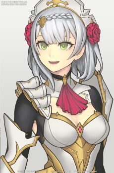 1girl armor armpit_cutout armpit_peek braid breasts cleavage cleavage_cutout clothing_cutout commentary crown_braid english_commentary flower genshin_impact gofelem green_eyes grey_hair hair_flower hair_ornament knight looking_to_the_side maid maid_headdress medium_breasts monochrome noelle_(genshin_impact) open_mouth red_flower red_rose rose short_hair smile solo upper_body