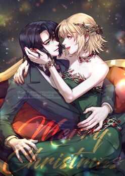 1boy 1girl arm_around_shoulder arm_around_waist athrun_zala bare_shoulders black_bow black_bowtie black_hair black_jacket blonde_hair bow bowtie bracelet breasts cagalli_yula_athha choker closed_mouth collared_shirt commentary couple dress english_commentary green_dress green_eyes gundam gundam_seed hair_ornament hand_in_another's_hair hetero highres inhouhou jacket jewelry long_dress medium_breasts merry_christmas nail_polish open_mouth red_nails shirt signature sitting sitting_on_lap sitting_on_person smile strapless strapless_dress suit_jacket white_shirt yellow_eyes