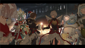 2boys 6+girls ^_^ anthuria anthuria_(holiday) armor bird black_gloves black_pants blonde_hair blue_hair blue_headwear blush bottle breastplate brown_hair capelet champagne_flute chicken christmas christmas_tree closed_eyes coffee_pot cup djeeta_(granblue_fantasy) dragon dress drinking_glass elbow_gloves ewiyar_(granblue_fantasy) fingerless_gloves glint gloves granblue_fantasy hanging_lantern hat holding holding_bottle holding_cup horns hug iwashi_(morpho000) lamretta letterboxed lily_(granblue_fantasy) long_hair lucio_(granblue_fantasy) lyria_(granblue_fantasy) mahira_(granblue_fantasy) multiple_boys multiple_girls outdoors pants pengy_(granblue_fantasy) red_dress red_hair robot sandalphon_(granblue_fantasy) santa_costume santa_hat short_hair standing veil vyrn_(granblue_fantasy) waist_cape white_dress white_hair white_headwear wings