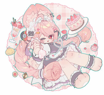 1girl ahoge alternate_costume animal_ear_fluff animal_ears animal_feet animal_hands apron black_dress blush bow braid cake commentary_request cookie dress food food-themed_hair_ornament frills fruit furry furry_female hair_bow hair_ornament heart highres holding ice_cream long_hair long_sleeves looking_at_viewer macaron maid_headdress open_mouth pink_hair rabbit_ears rabbit_girl shenlan_yunxing simple_background solo strawberry strawberry_cake sundae twin_braids very_long_hair whipped_cream zenless_zone_zero zhao_(zenless_zone_zero)