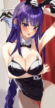 1girl absurdres alternate_costume animal_ears arm_behind_head armpit_crease armpits arms_up bare_shoulders black_bow black_bowtie blunt_bangs blurry blurry_background blush bow bowtie braid breasts cleavage collarbone commentary curtains detached_collar earrings embarrassed english_commentary fake_animal_ears formal_clothes genshin_impact goro_desu happy head_tilt highres huge_breasts indoors jewelry long_braid looking_at_viewer looking_to_the_side mole mole_under_eye multicolored_hair nose_blush open_mouth panties pantyhose playboy_bunny purple_eyes purple_hair rabbit_ears raiden_shogun single_braid single_earring smile solo standing streaked_hair suit thigh_gap thighs underwear upper_body wrist_cuffs