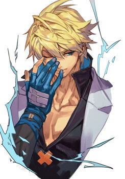 1boy arm_up bare_pectorals black_shirt blonde_hair blue_eyes blue_gloves closed_mouth collarbone collared_shirt cropped_shoulders double-parted_bangs electricity fingernails gloves guilty_gear guilty_gear_strive hair_between_eyes hand_on_own_face high_collar hungry_clicker jacket ky_kiske lapels long_sleeves male_focus notched_lapels one_eye_closed open_clothes open_jacket partially_fingerless_gloves pectorals popped_collar shirt smile solo white_background white_jacket