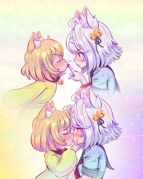 2girls animal_ears bell blonde_hair blush cat_ears cat_girl closed_eyes collar extra_ears filian_(vtuber) from_side gradient_background hair_bell hair_ornament highres indie_virtual_youtuber kiss loli long_sleeves multiple_girls nyana_banyana nymphedahlia puckered_lips sailor_collar school_uniform sequential short_hair short_sleeves source_request virtual_youtuber white_hair yuri