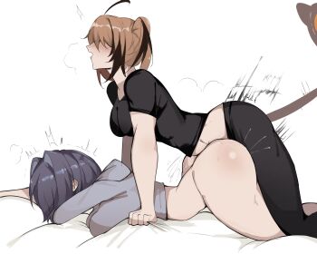 2girls absurdres ahoge all_fours ass black_pants black_shirt blonde_hair bottomless breasts brown_hair commentary covered_eyes doggystyle english_commentary feet_out_of_frame futa_with_female futanari gigi_murin grey_hoodie hair_over_eyes highres hololive hololive_english hood hoodie huffing huge_ahoge large_breasts long_sleeves lying medium_breasts multicolored_hair multiple_girls on_bed on_stomach open_mouth ouro_kronii pants pinky_axolotll purple_hair pussy_juice sex sex_from_behind shirt short_hair short_sleeves side_ponytail simple_background t-shirt tail two-tone_hair vaginal virtual_youtuber white_background