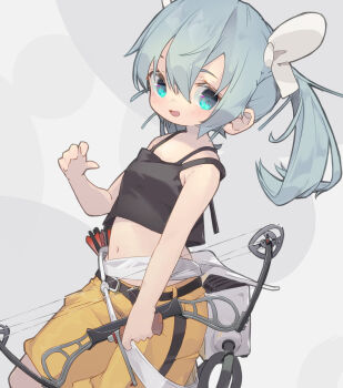 Rule 34 | 1girl, :d, bare arms, bare shoulders, belt, black belt, black camisole, blue eyes, blue hair, blush, camisole, commentary, cowboy shot, crop top, dated commentary, double-parted bangs, grey background, hair between eyes, hair ribbon, hand up, highres, long hair, looking at viewer, midriff, navel, nep (nep 76), open mouth, original, ponytail, ribbon, shorts, smile, solo, spaghetti strap, white ribbon, yellow shorts