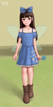 Rule 34 | 1girl, adapted costume, arms at sides, bare shoulders, blue bow, blue dress, blue flower, blue nails, blunt bangs, blush, boots, bow, brown eyes, brown hair, closed mouth, collarbone, daisy (flower), dress, ear blush, fairy wings, flat chest, flower, frilled bow, frills, full body, hair bow, highres, holding, holding flower, legs together, long hair, looking at viewer, nail polish, non-web source, outdoors, petticoat, polka dot, puffy short sleeves, puffy sleeves, shadow, short sleeves, simple background, smile, solo, standing, star (symbol), star print, star sapphire, touhou, very long hair, wings, yyf (seaknight)