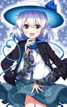 1girl :d aura black_jacket blazer blue_hair blue_hat blue_ribbon blush buttoned_cuffs buttons commentary_request cowboy_shot diamond_button eyes_visible_through_hair floral_print floral_print_skirt frilled_sleeves frills green_eyes green_skirt grey_hair hair_between_eyes hand_up hat hat_ribbon heart heart_of_string highres holding jacket jacket_on_shoulders komeiji_koishi komeiji_koishi_(spontaneous_white_beauty) light_particles long_sleeves looking_at_viewer medium_hair multicolored_hair open_mouth print_skirt ribbon rose_print round_teeth ruu_(tksymkw) shirt skirt smile solo split_mouth standing streaked_hair teeth third_eye touhou touhou_lostword two-sided_fabric two-sided_headwear upper_teeth_only white_hat white_shirt