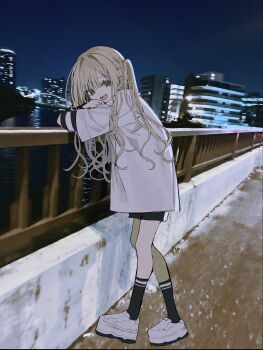 1girl bridge city long_hair night original outdoors photo_background railing river shorts si_(wooupp) solo