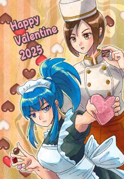 2025 2girls apron bardothodol between_fingers blue_eyes blue_hair box brown_eyes brown_hair candy chef_hat chocolate chocolate_heart closed_mouth commentary earrings food happy_valentine hat heart heart-shaped_box heart-shaped_food highres holding holding_box holding_chocolate holding_food jewelry leona_heidern maid maid_apron maid_headdress multiple_girls open_mouth outstretched_arm ponytail red_skirt serious shirt short_hair sidelocks skirt smile the_king_of_fighters valentine whip_(kof) white_apron white_hat white_shirt