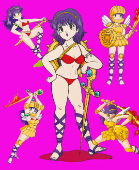 ancient_greek_clothes armlet armor athena_(series) bikini brown_eyes elbow_pads fighting_stance fire flaming_sword flaming_weapon gem gladiator_sandals greco-roman_clothes greek_armor hairband helmet holding holding_shield holding_sword holding_weapon jewelry knee_pads long_hair miniskirt official_art pink_background princess_athena purple_hair red_bikini sandals shield shield_on_back shoulder_armor simple_background skirt swimsuit sword weapon wings